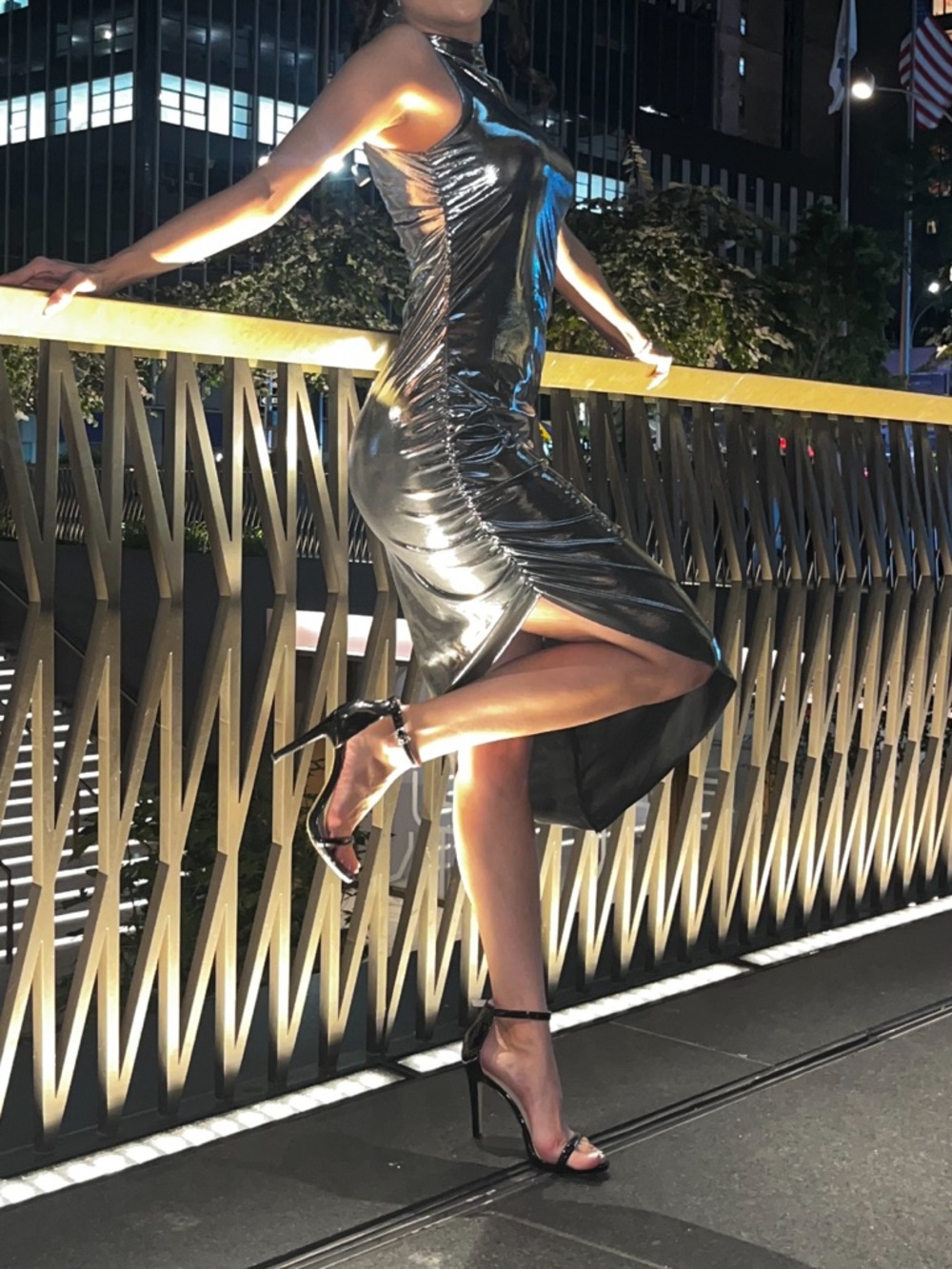 Metallic Silver High-Slit Midi Dress